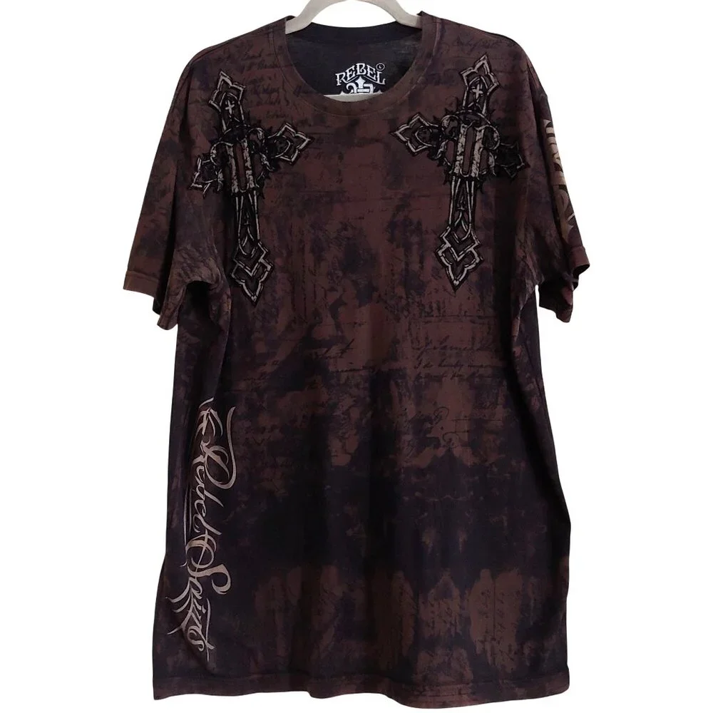 Saints By Affliction Garage Tattoo Grunge Biker Cross Angel Wings Men T-Shirt L - Picture 2 of 12